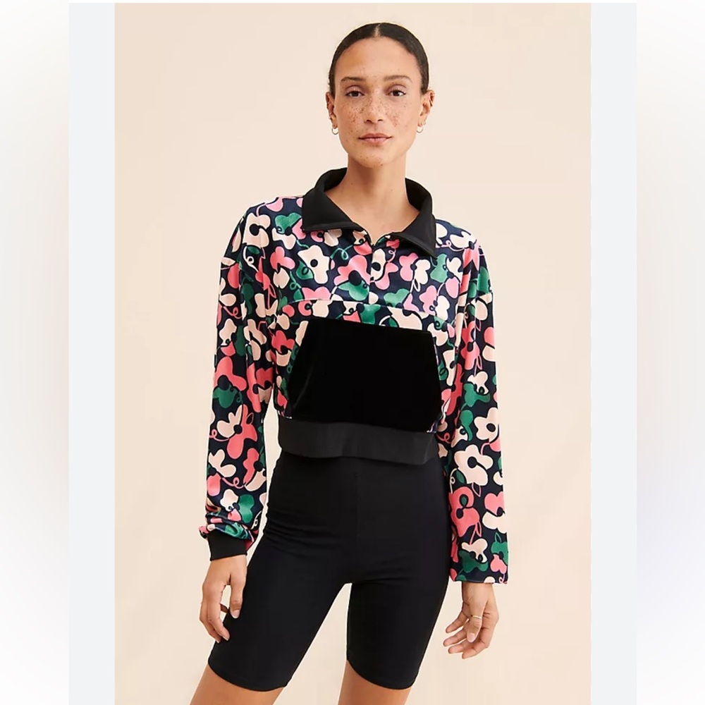 NWT $120 size S FREE PEOPLE (DAZEY) Velvet Half Zip Cropped Floral Pullover
